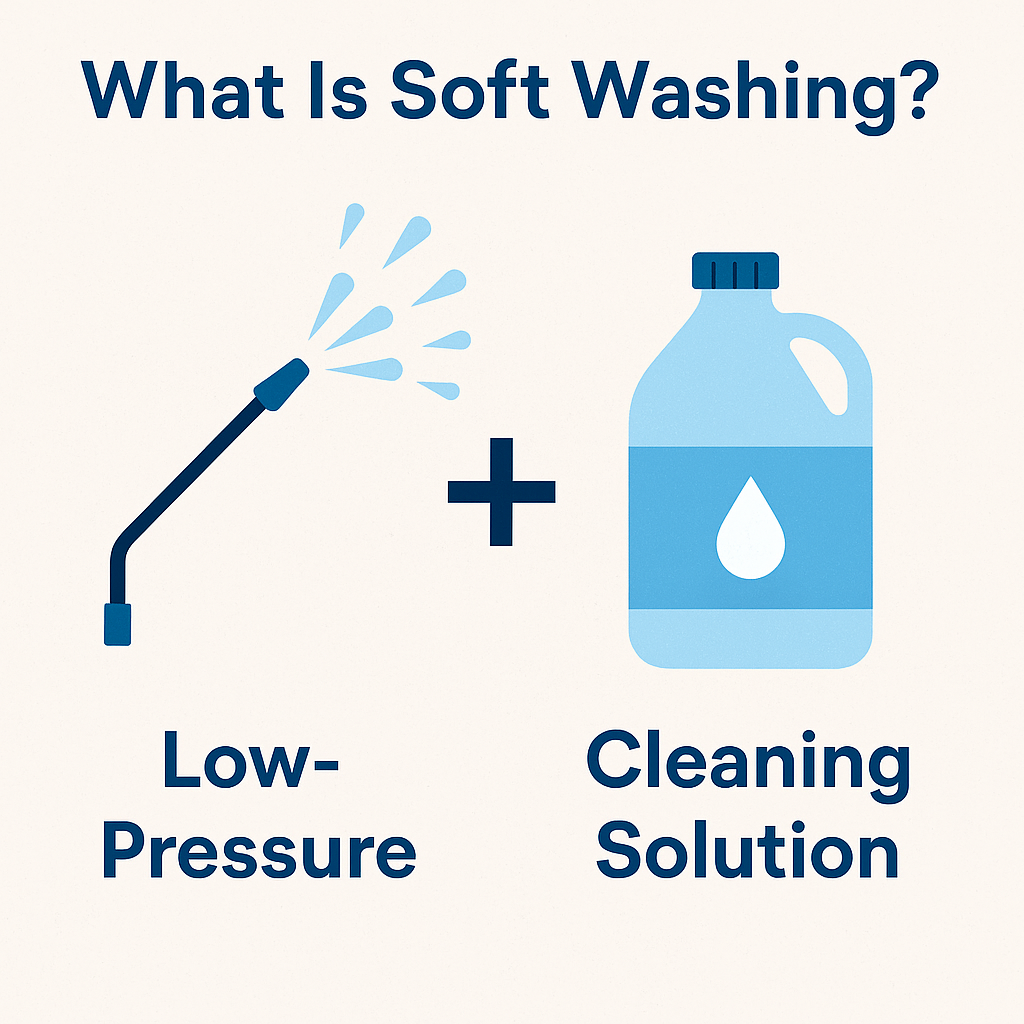 Infographic explaining soft washing using low pressure and a cleaning solution.