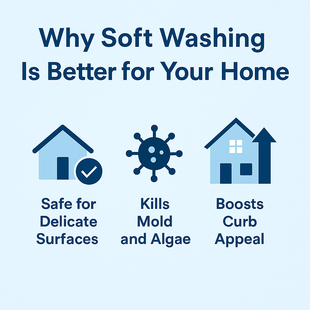 Infographic explaining why soft washing is better for your home, highlighting safety, mold removal, and curb appeal.