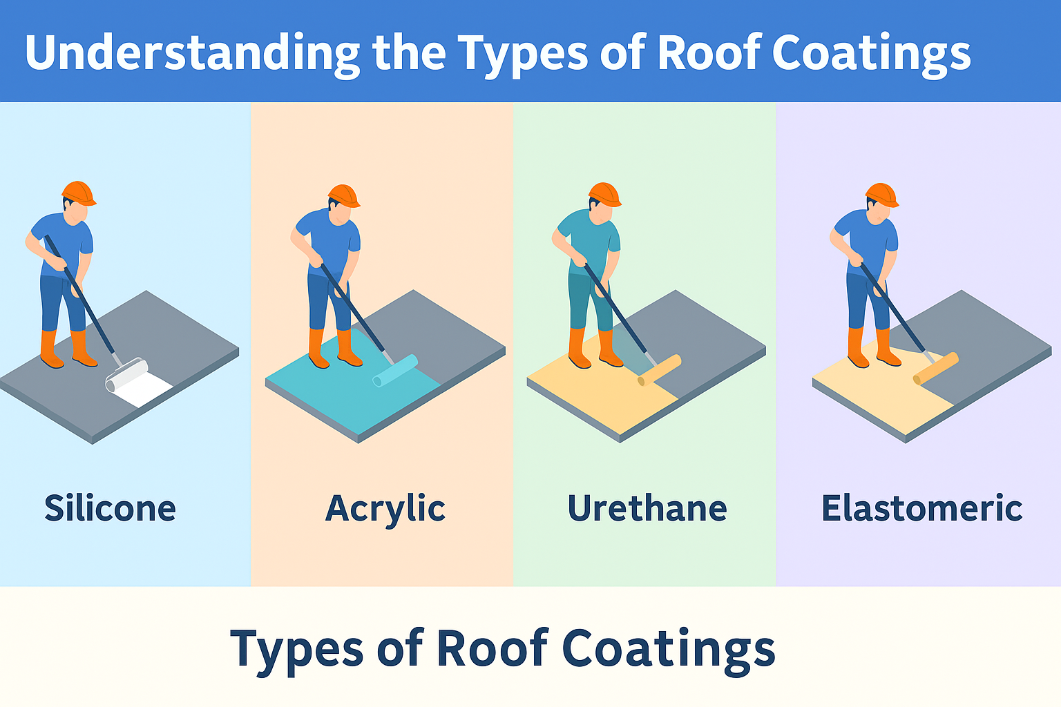 Infographic showing four types of roof coatings: Silicone, Acrylic, Urethane, and Elastomeric